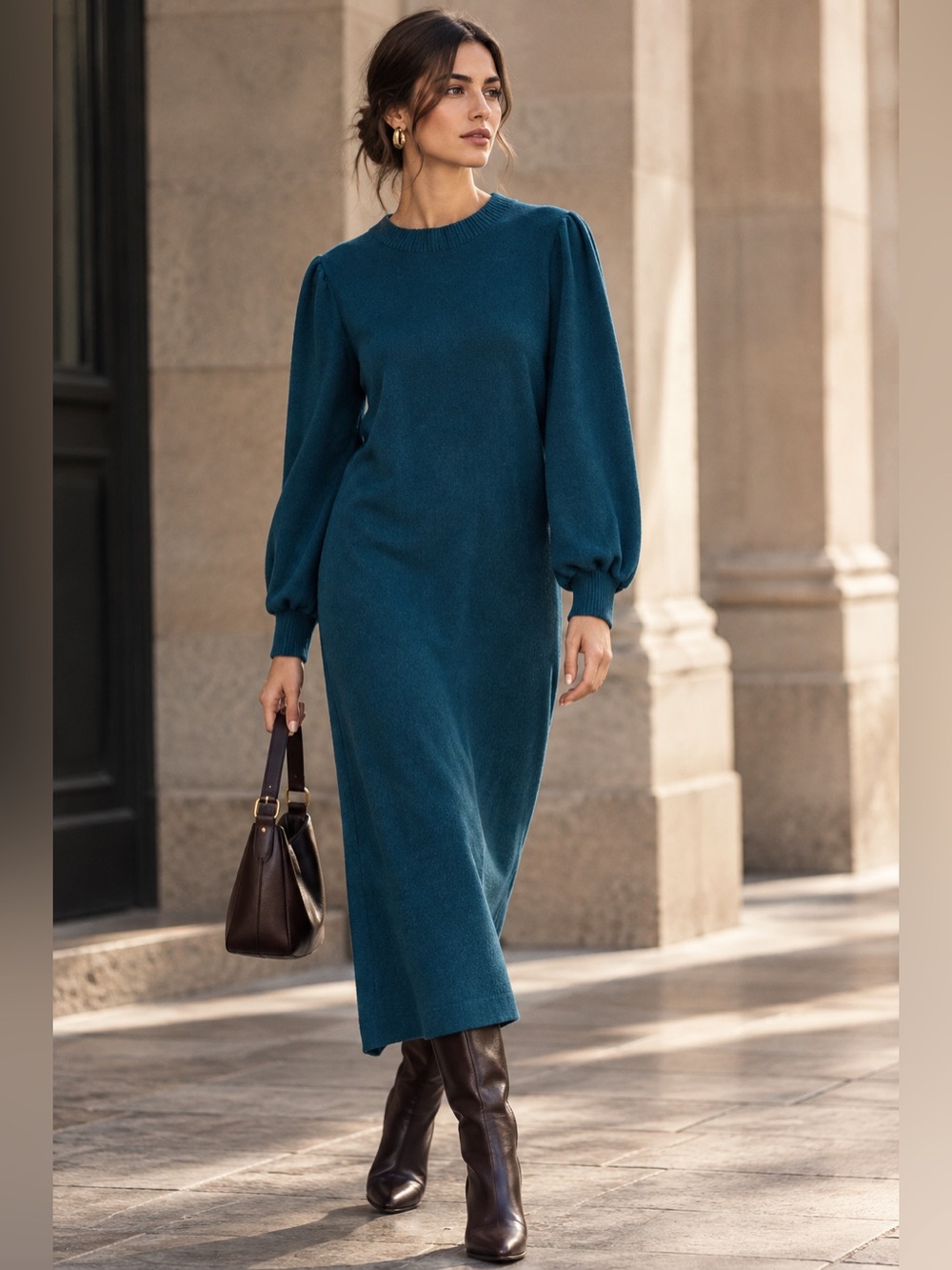 Who What Wear Teal Knit Midi Sweater Dress Long Sleeve Puff Sleeve Size L